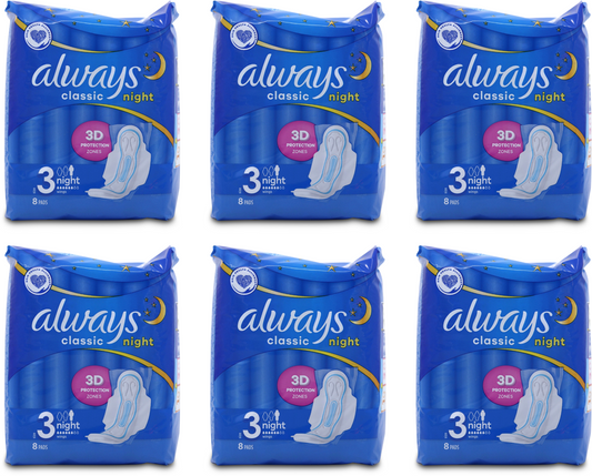 6 x Always Maxi Classic Night Pads 8 Pack