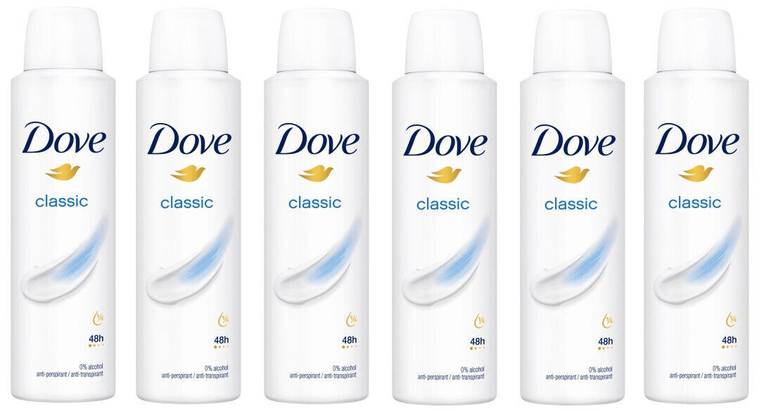 6 x Dove Classic Deodorant Anti-Perspirant 150ml Spray 0% ALCOHOL