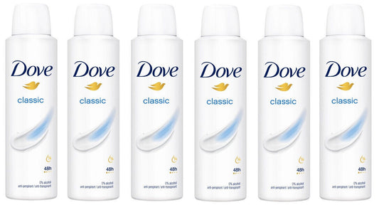 6 x Dove Classic Deodorant Anti-Perspirant 150ml Spray 0% ALCOHOL